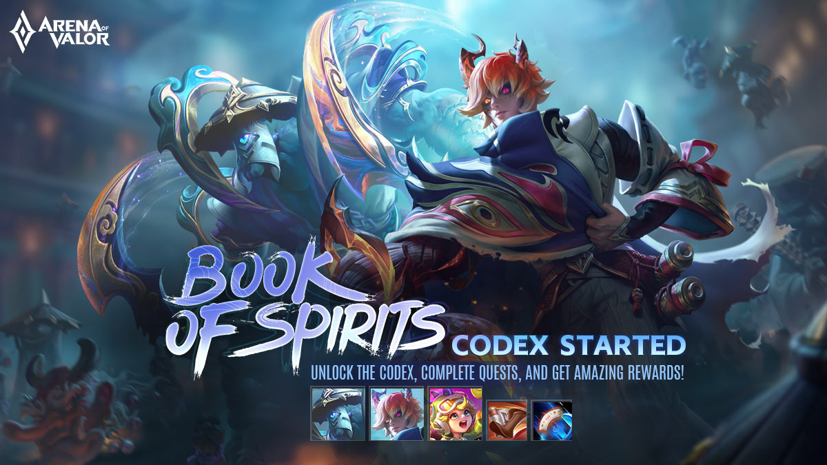 ArenaofValor's tweet photo. The Codex Season 37, "Book of Spirits," has arrived!

Get the opportunity to unlock a skin for Wisp, Zill, and Errol!

You can also get other prizes such as Avatars, Frames and Battle Effects!

Which award do you like most?

#ArenaofValor #AoV #AoVNewSkin #VP37 https://t.co/7PFKBpK3ao