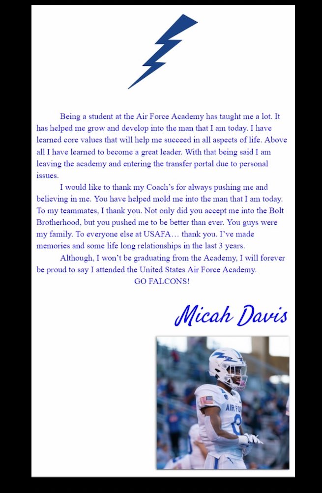 Air Force RB/WR Micah Davis enters the portal
