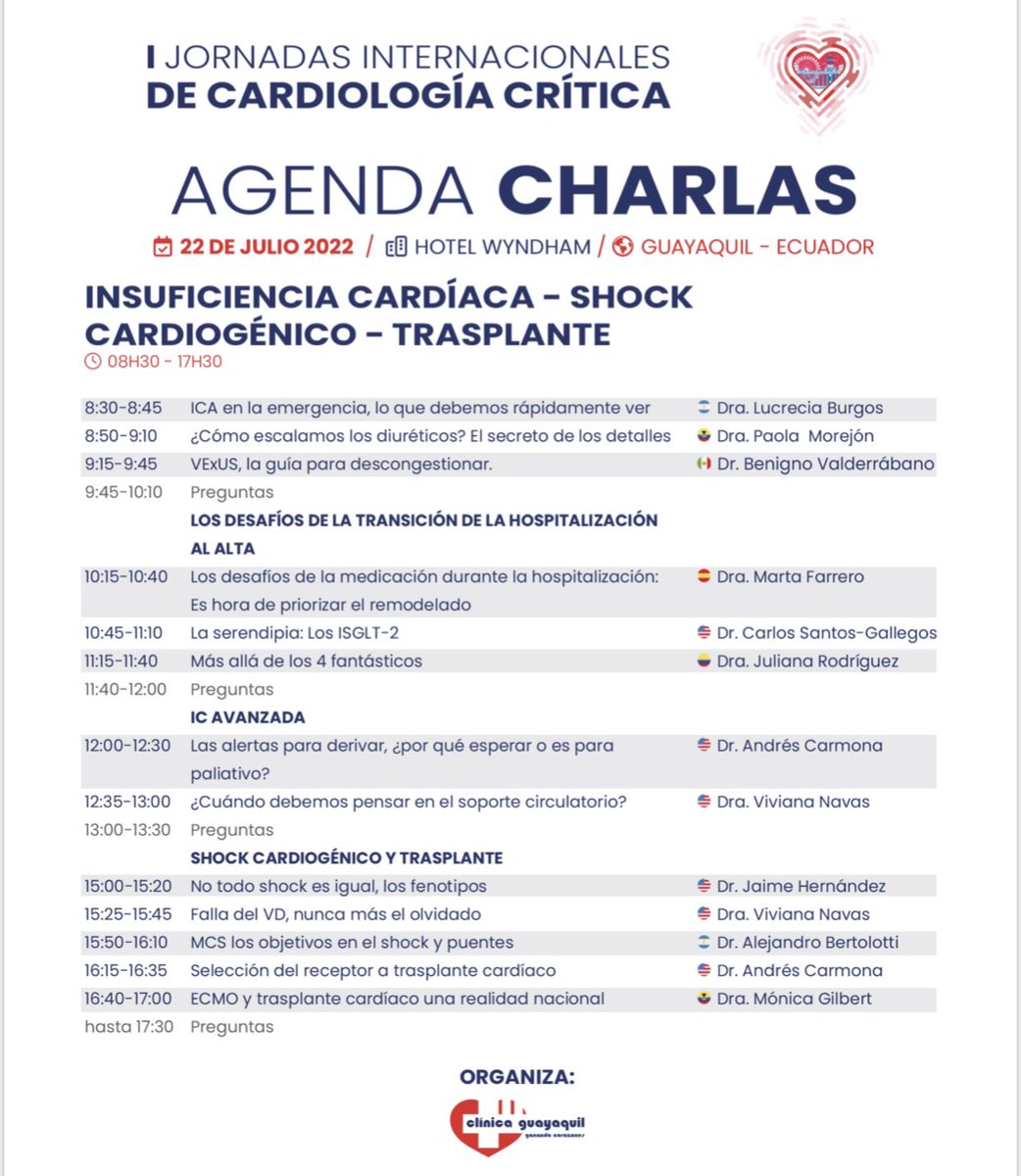 ¡Los esperamos del 20-22 de julio!

I Jornadas Internacionales de Cardiología Crítica <a href="/ClinicaGquil/">Clínica Guayaquil</a> 🫀

Más información 👉🏻 …ocritica.eventosycongresosecuador.com

📕 Envío de Abstracts: bit.ly/resumen-jicc