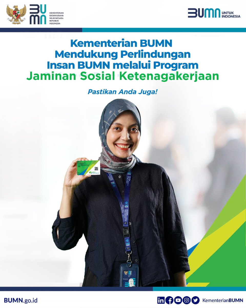 bumn_idn's tweet photo. #SobatBUMN, tahukah kamu bahwa Insan BUMN terlindungi Program Jaminan Sosial Ketenagakerjaan? Peserta BPJS Ketenagakerjaan yang berasal dari perusahaan BUMN terdiri dari Direksi, Komisaris, dan pegawai BUMN. https://t.co/yDVBTqNd3j
