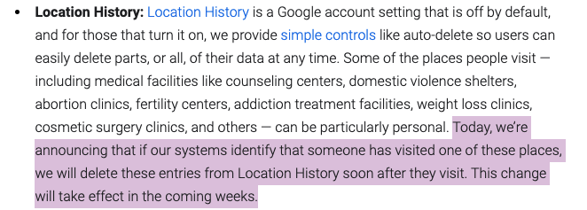 NEW - Google will delete location history for people who go to abortion clinics, domestic violence shelters and a few other sensitive places. blog.google/technology/saf…