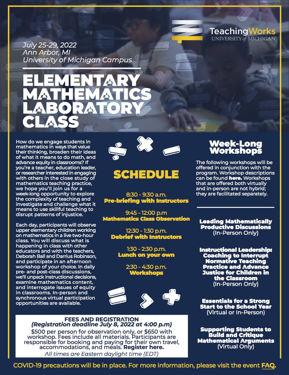 Join us for this year's Elementary Mathematics Laboratory, a unique opportunity to observe a fifth grade math class and work together on developing teaching practices that advance justice. In-person and virtual options are available. Register by JULY 18: tinyurl.com/28bmhub3