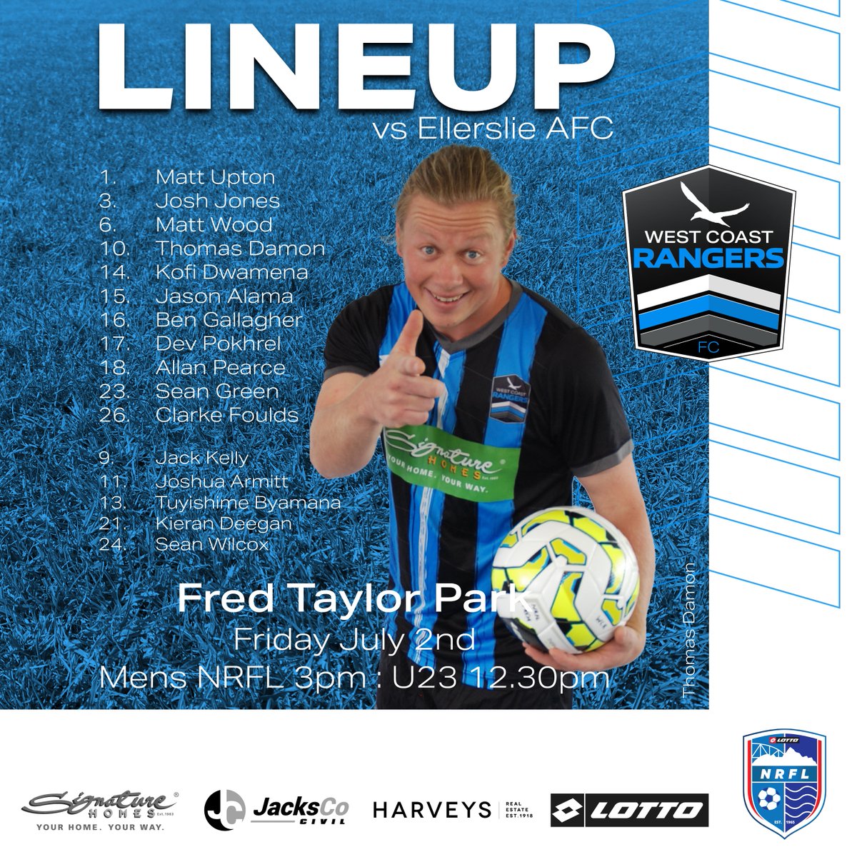 LINEUP for todays <a href="/LOTTONRFL/">LOTTO NRFL</a> Mens Div1 clash with <a href="/EllerslieAFC/">Ellerslie AFC</a> at Fred Taylor Park.
#WeAreRangers