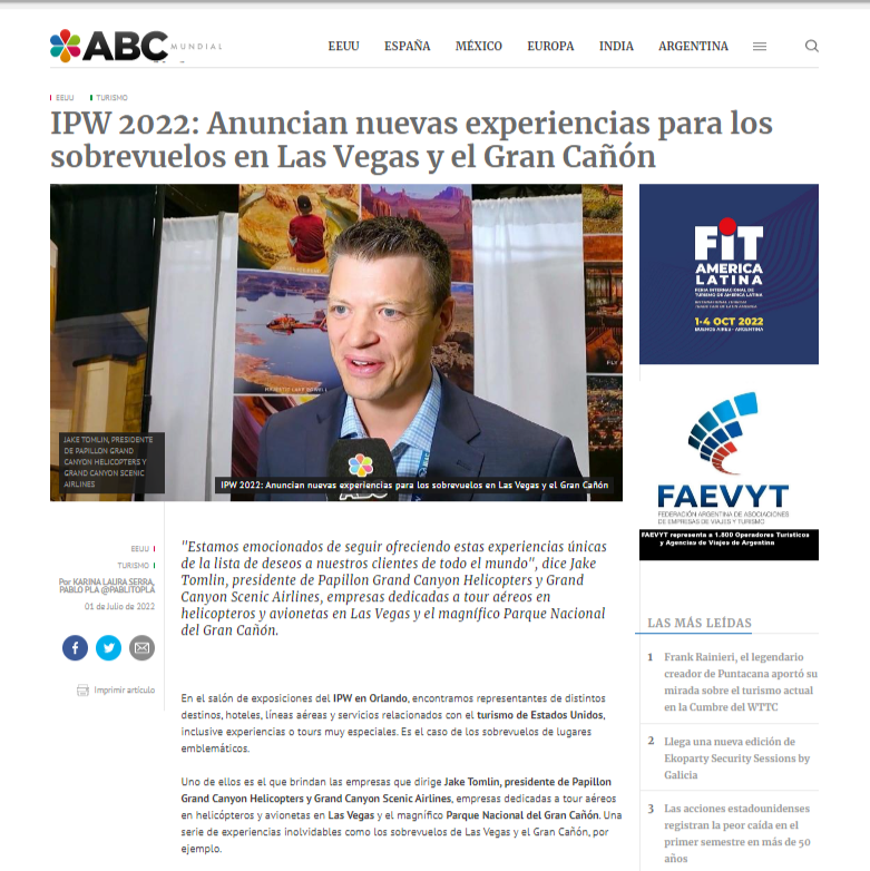 ABCMundial's tweet photo. IPW 2022 🇺🇸: Anuncian nuevas experiencias para los sobrevuelos en Las Vegas y el Gran Cañón
#ipw22 #iflypapillon #flygcsa #GrandCanyon #LasVegas
#GrandCanyonScenicAir @FlyGCSA
#PapillonHelicopters @IFlyPapillon
@ABCMundial
https://t.co/VFMueoks6P https://t.co/DyuIeCLbJq