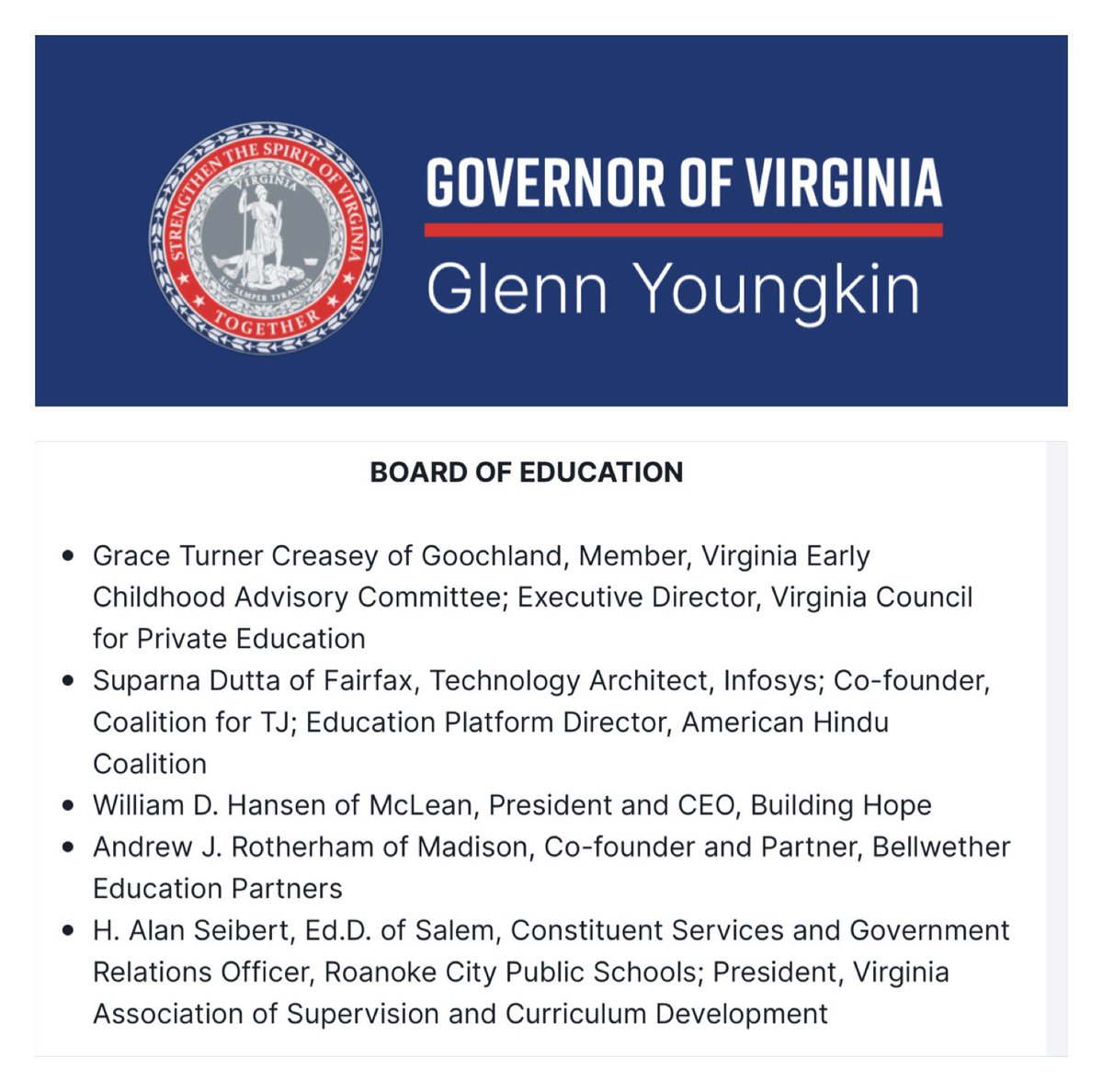 The <a href="/GovernorVA/">Governor Glenn Youngkin</a>’s New State Board of Education - it’s a new day #Virginia! 

governor.virginia.gov/newsroom/news-…