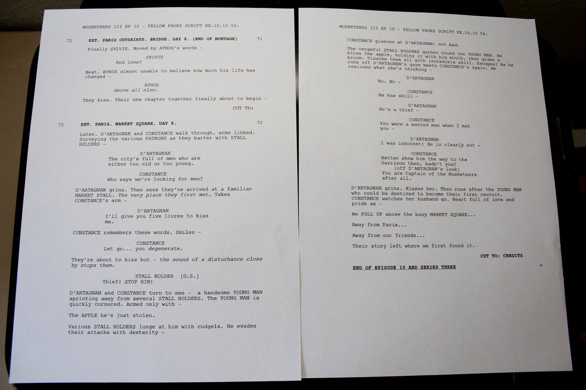 JuttaFreudig's tweet photo. #MusketeersEurope "Their story left where we first found it"- Real end of #TheMusketeers S3ep10 written by #SimonAllen - Last 2 pages of #Script #Epilogue with #Constagnan❤️& emotional good bye to Musketeers #DArtagnan #Constance #LukePasqualino #TamlaKari #MissingTheMusketeers https://t.co/fhuZdDRfUx