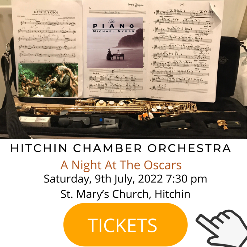phillipbrunton's tweet photo. Just returned from an enjoyable rehearsal of Michael Nyman’s The Piano Sings for Soprano Sax and Strings and Gabriel’s Oboe from The Mission with the gorgeous sounding @HitchinChamber Orchestra.  A wonderful concert of movie music. 
Saturday, July 9, 7:30.  @Hitchinfestival