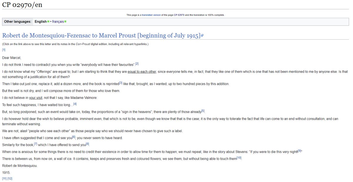 « On nous parle de la Poésie qu’enfantera la Guerre et je n’y crois pas trop. »

Juillet 1915, Proust à Montesquiou : proust.elan-numerique.fr/letter/02969, et la réponse : proust.elan-numerique.fr/letter/02970.

Translations of the letters on the Wiki: corrproust.web.illinois.edu/wiki/index.php… ;
 corrproust.web.illinois.edu/wiki/index.php…