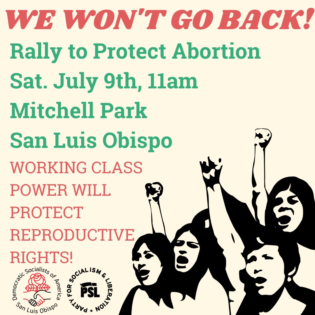 DSA_SLO's tweet photo. SATURDAY, JULY 9th, 11am • FIGHT BACK! Join us to rally - bring your friends, your neighbors, your coworkers. Let them hear us in the Supreme Court, in Congress, and in state houses across the country: We WON'T go back!

We don't want condolences! We demand action! 1/2 https://t.co/sxrhzVAFf1