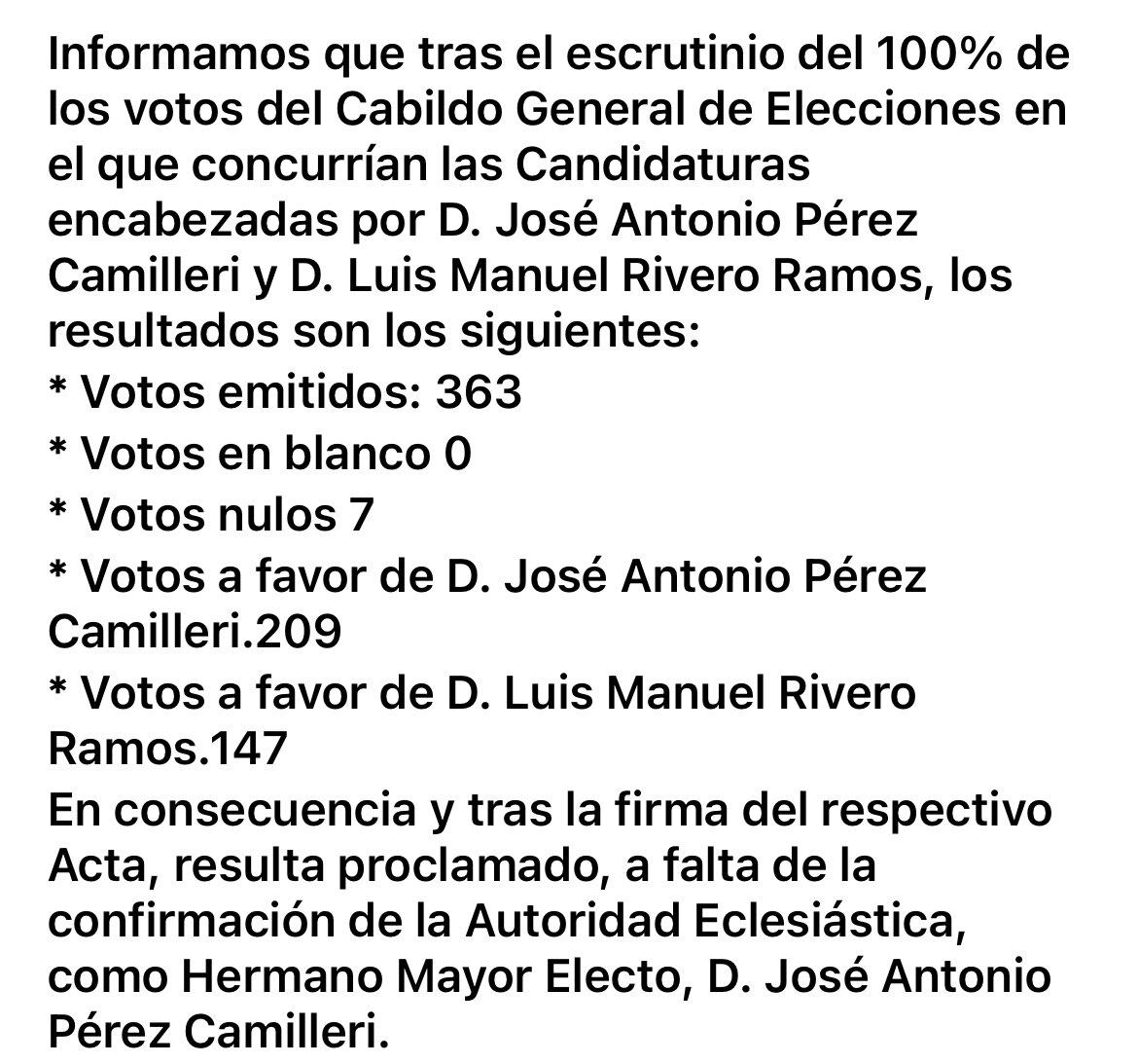 RESULTADO DEL CABILDO GENERAL DE ELECCIONES