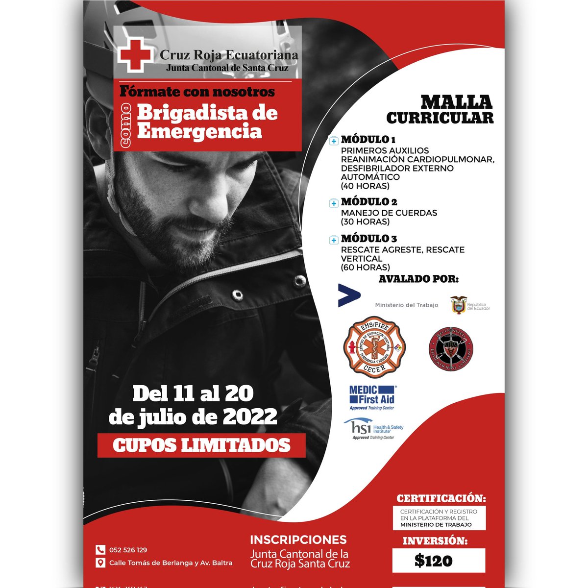📣En julio contaremos con nuevos cursos para aprender a salvar vidas.

¡Fórmate con nosotros como BRIGADISTA DE EMERGENCIA! ⛑

➡️Inicia: 11 de julio 2022
➡️Inversión: $120
➡️Certificados avalados y registrados

Contaremos con instructores profesionales del CECER.