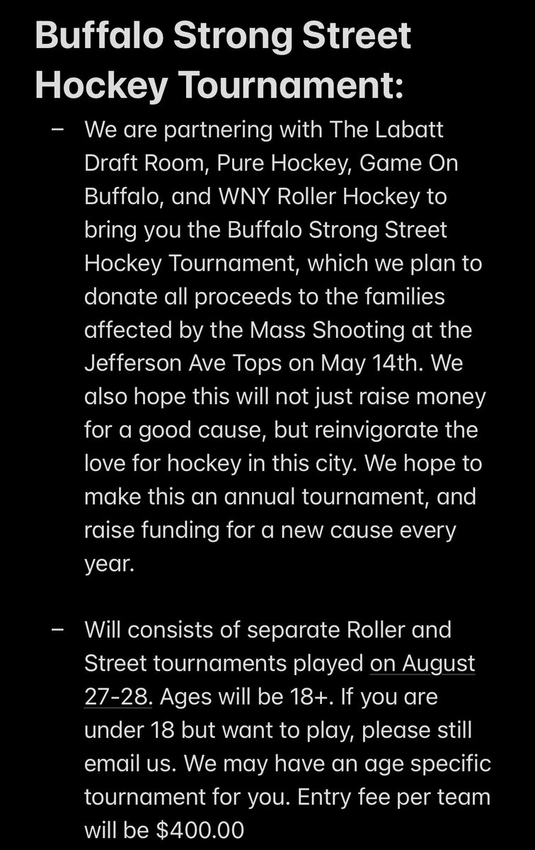 DuaneS39's tweet photo. We’re looking for any sponsors for the Buffalo Strong Street Hockey Tournament @bufstronghockey, or would like to be directly involved. Proceeds donated to the families affected by the May 14th Shooting Email BuffaloStrongHockey@yahoo.com if interested. Details ⬇️ #BuffaloStrong https://t.co/Tl8YHU8zpe