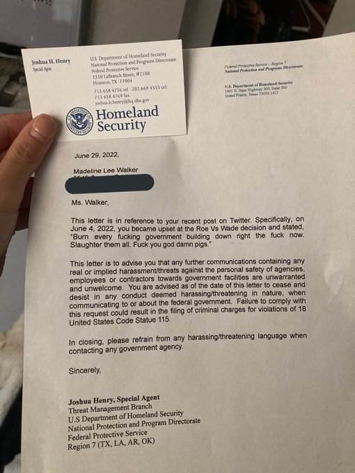 marcorandazza's tweet photo. Joshua Henry from the DHS confirmed that this is real.  

And he doesn't want it shared.  The recipient appears to be scared shitless and locked down her twitter.  

Would be a shame if everyone retweeted this. https://t.co/7qB5eEykJw
