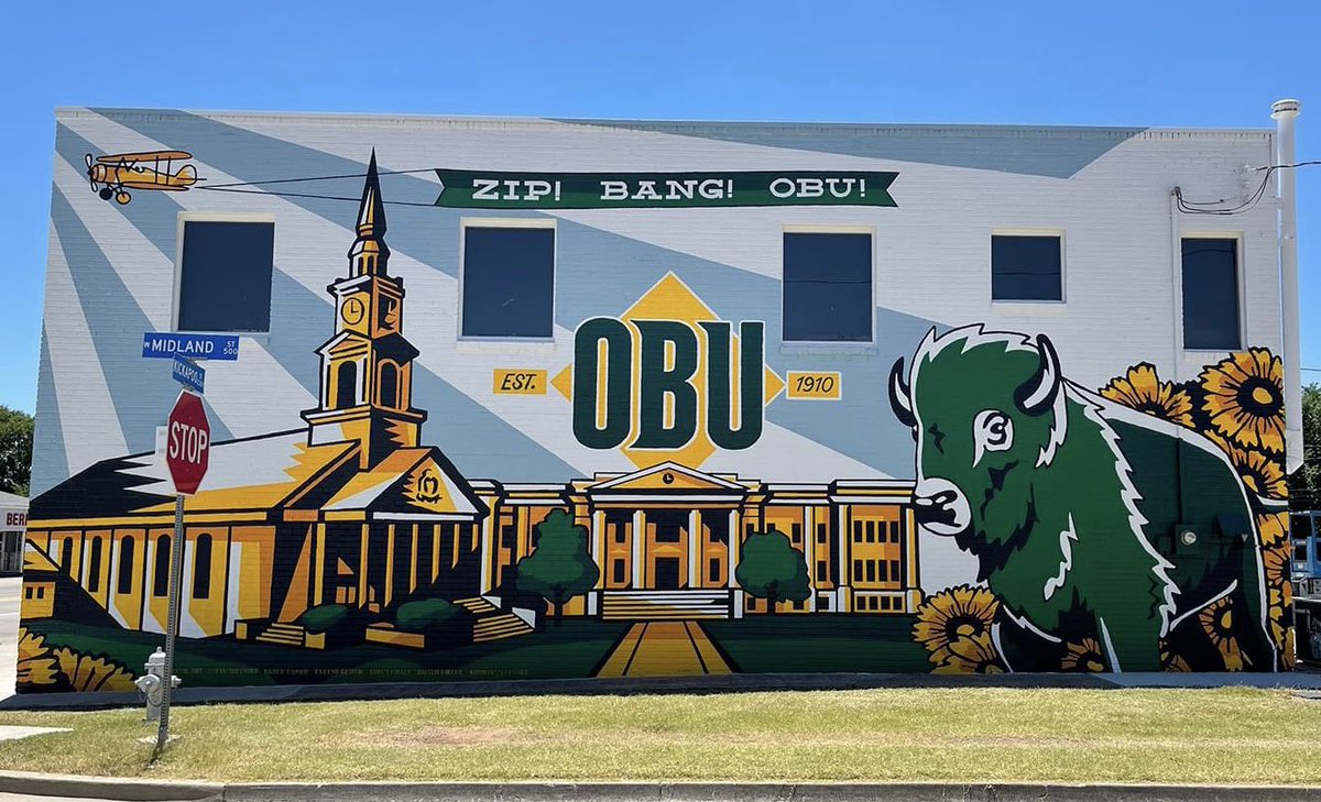 etoddfisher's tweet photo. In Shawnee today and got to see the new mural on the @obunews campus. Looks amazing! #zipbang https://t.co/52MSqP37uI