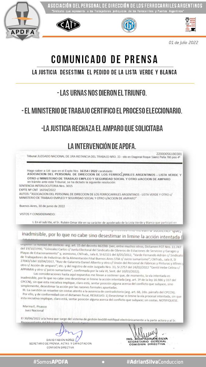 apdfanacional's tweet photo. Comunicado de APDFA

La Justicia desestimó el amparo de la lista verde y blanca que solicitaba la intervención del Sindicato. 

@ApdfaAdrian https://t.co/icqty5Ma4q