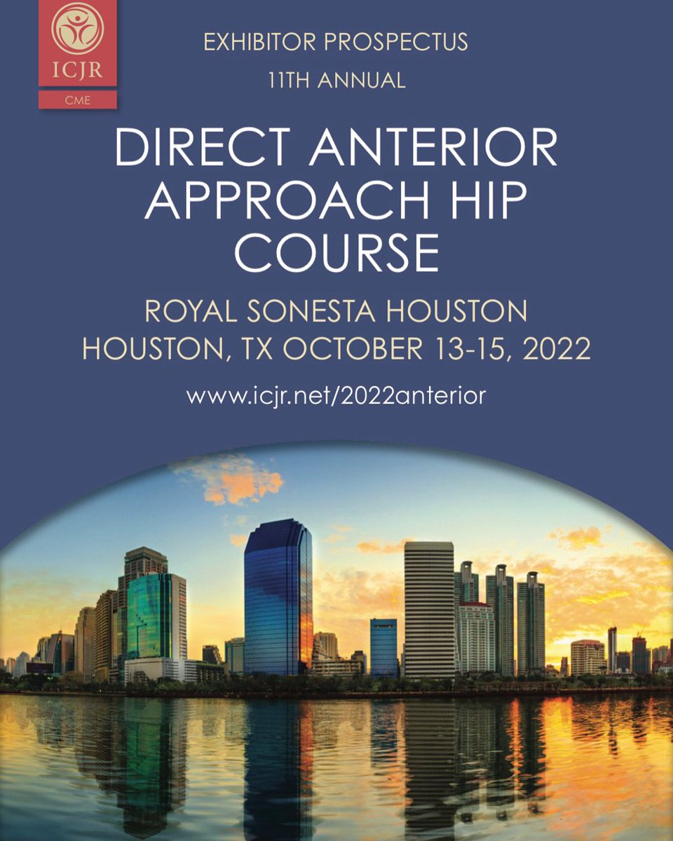 Dr. Kreuzer, Dr. Manson, and Dr. Moskal are pleased to invite you to attend ICJR’s 11th Annual Direct Anterior Approach Course taking place in Houston, Texas on October 13-15, 2022.
Registration is open and we are excited to see you there! 
na.eventscloud.com/website/41573/