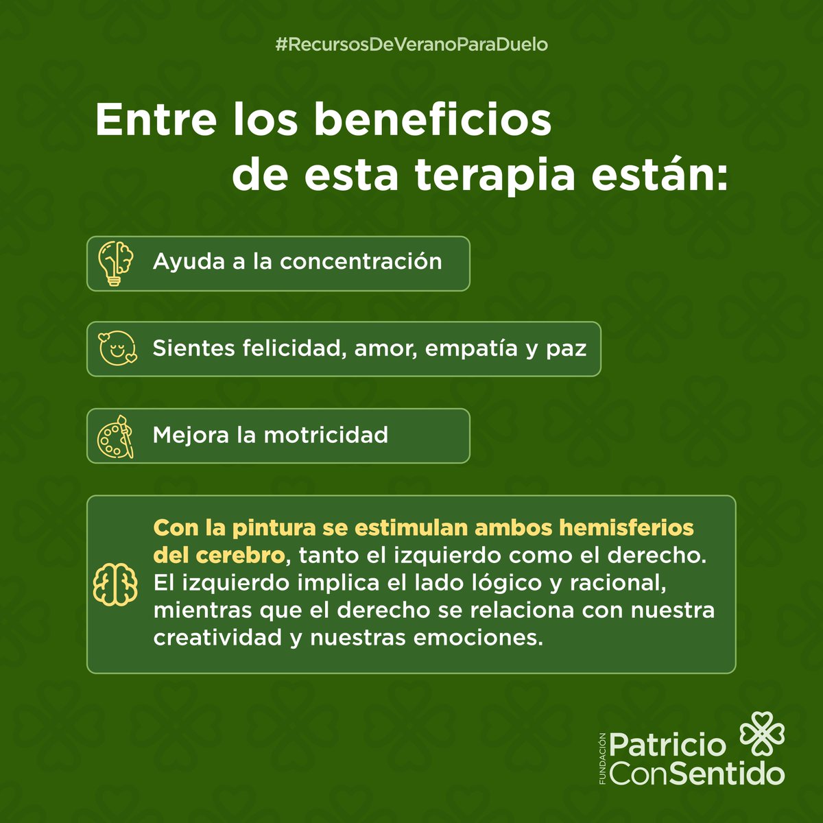 No te preocupes si la pintura no es tu talento, expresarte mediante el arte es muy terapéutico, sobre todo si has pasado por un momento difícil.🎨👩‍🎨🧑 

#RecursosDeVeranoParaDuelo #PatricioConSentido 🍀💚#ApoyoEmocional #ManejoDelDuelo
#AyudarEsDeBuenaSuerte #SaludYBienestar
