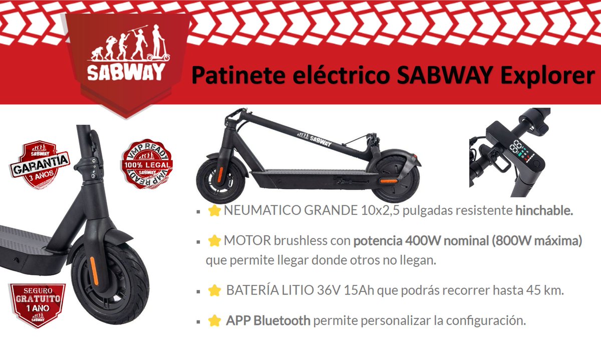 E_Patinetero's tweet photo. RT @gasolinaverde: Patinete Eléctrico SABWAY Explorer. Más potencia y más autonomía.
#sabway #asturias #rutasvmp #patineteelectrico #patinete #movilidadelectrica #movilidadsostenible #movilidadurbana #electricvehicles #movilidadinteligente #nocontamina #… https://t.co/3gI732ilfk