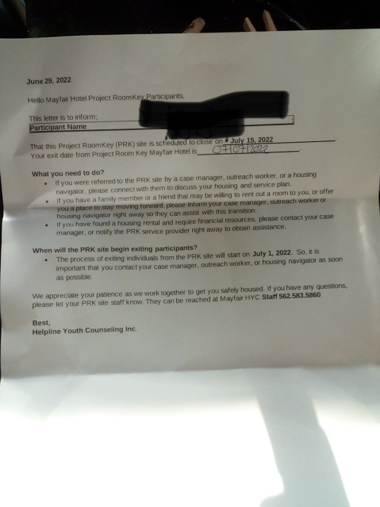 NEW: The Mayfair Hotel - one of the City of LA's Project Roomkey sites, which has 48 rooms - has begun the process of evicting the residents currently live there. They are closing on July 15th, and one resident was given a week to relocate.