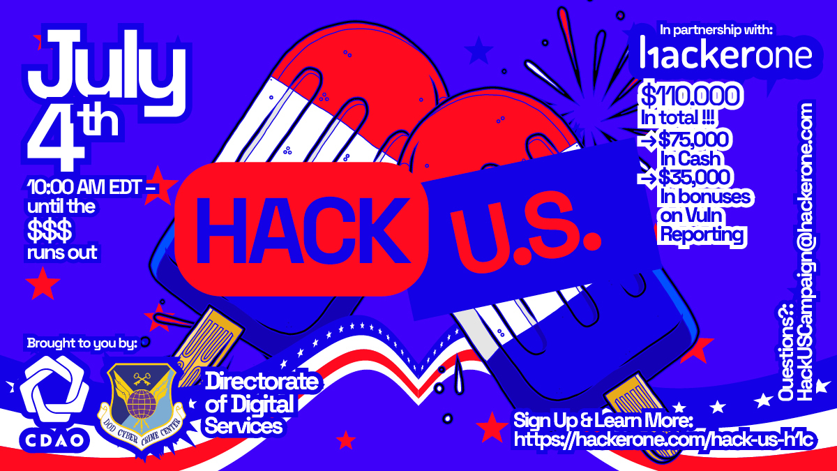 DC3VDP's tweet photo. On the 4th of July Hack U.S. the @DeptofDefense @DC3VDP @DC3Forensics and @DefenseDigital will launch their first bug bounty program with HackerOne! #HackUS https://t.co/z7qfBKObFU