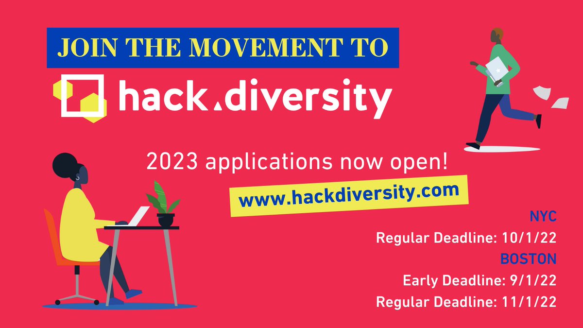 Hack_Diversity's tweet image. 📢 2023 #HackDiversity applications now open —for #Boston AND new this year: #NYC!

Committed to advancing Black &amp;amp; Latine/x professionals in #tech + looking to launch a #SoftwareEngineering #DataAnalytics, or #MechE career? ➡️ bit.ly/hack-apply2023

#JoinTheMovement #hack2023