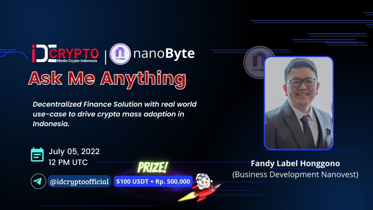 We are pleased to announce our next AMA with NanoByte on Tuesday, 5 July 2022 at 12 PM UTC | 19:00 WIB Venue: t.me/idcryptooffici… Rewards: $100 USDT + Rp. 500,000 Balance on NanoVest Info: idcryp.to/ama-id-crypto-… 🚨 Requirements 🔹 Follow @nanobyte_io 🔹 Like and Re-Tweet