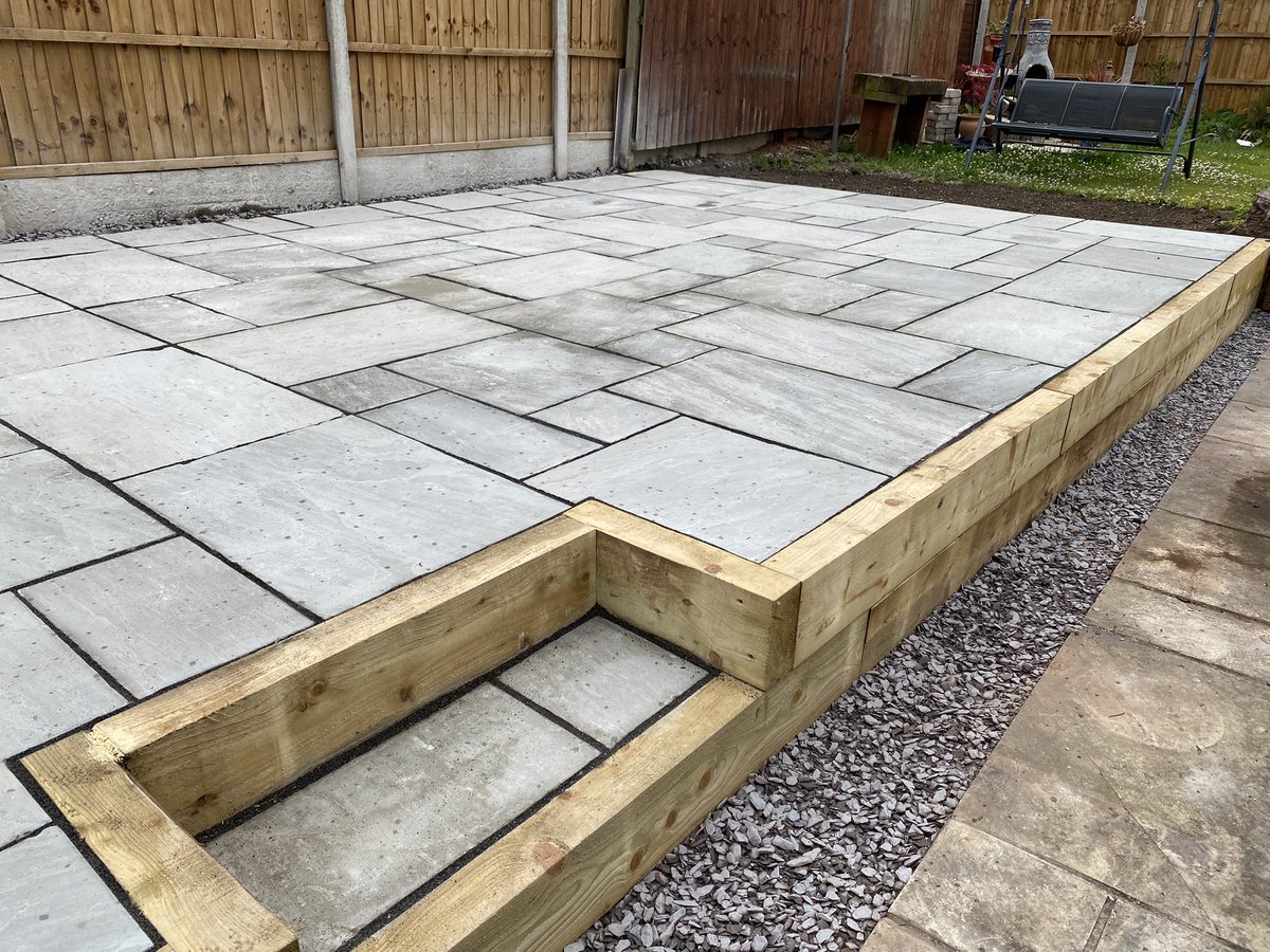 Another happy client on completion of the job. Rip out old garage base and rotten sleepers, then renew sleepers and install sandstone flags. #chestertweets #chesterhour #chester #cheshire #gardening #hedges #grasscut #northwalessocial @ChesterReTweet