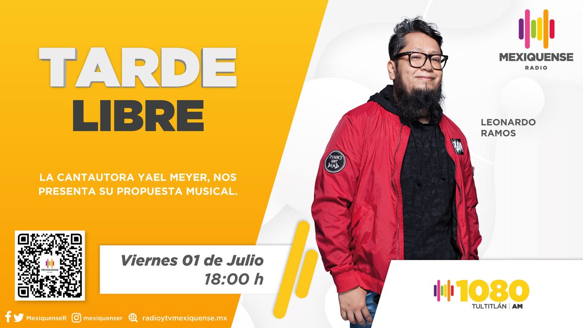 #TardeLibre 🌇 musical 🎤 con Leonardo Ramos y la cantautora chilena <a href="/yaelmusic/">Yael Meyer</a>, conoce su reciente material musical.🎶

18:00 h | Por el 1080 AM Tultitlán.
#EnVivo aquí 👉: bit.ly/3LQqikn

#ConéctateConLaRadio📻