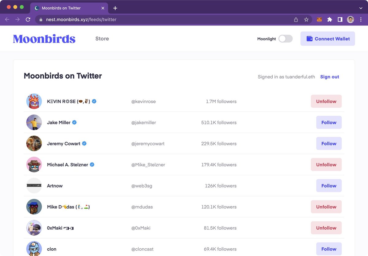 moonbirds's tweet photo. We’ve put together a feed to make it easier for birbs to follow other birbs, and see who's following you. You can get to it from the dashboard (https://t.co/etgBVKc32K), or if you don't have your wallet handy, check out https://t.co/ToHgjBRoBD! https://t.co/Id5cbrK12l