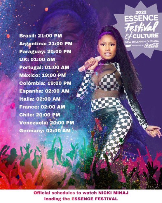 Nicki’s #ESSENCEFest  PERFORMANCE TIMES

12:30 AM EST - 1:30 AM EST
11:30 PM CST - 12:30 AM EST
9:30 PM PST - 10:30 PM PST

US 🇺🇸 Barbz should be on HULU

International times below ⬇️ 
INTERNATIONAL BARBZ join be @NickiXRih678 &amp; <a href="/ProductiveBarbz/">Productive Barbz</a> DISCORD discord.gg/EKFSwfxU