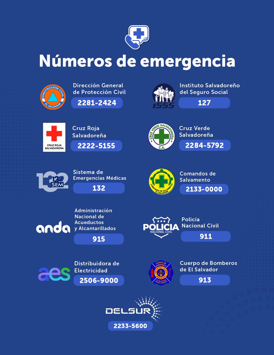Ten a la mano los números de contacto de las autoridades encargadas de atender emergencias. 👇

Recuerda seguir todas las recomendaciones de <a href="/PROCIVILSV/">Protección Civil de El Salvador</a>.