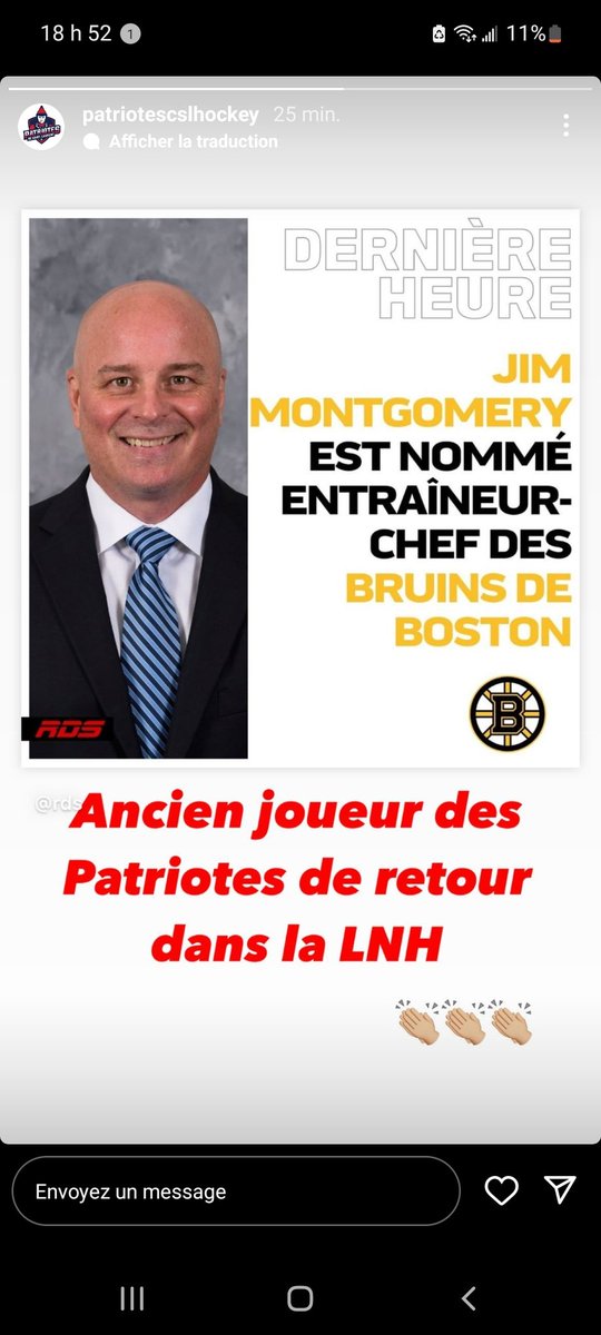 Félicitations Jim Montgomery un ancien <a href="/PatsStLaurent/">Pats Saint-LaurentHM</a> pour sa nomination comme nouvel entraîneur des <a href="/NHLBruins/">Boston Bruins</a>