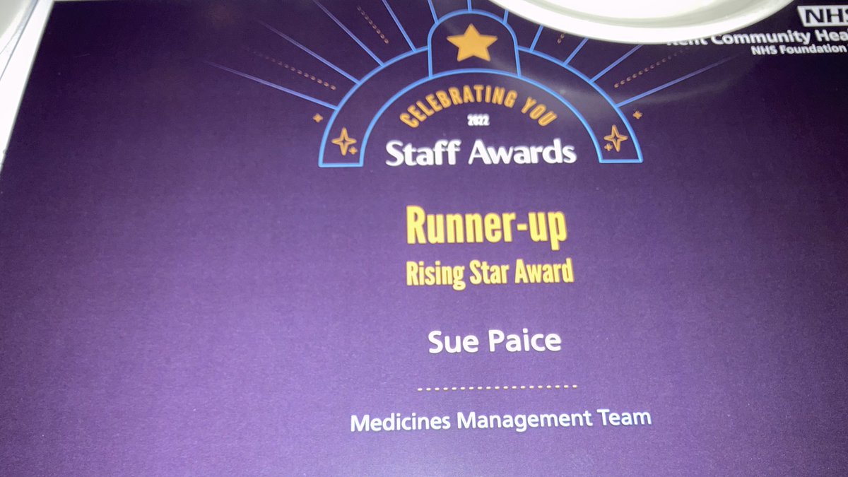 Proud to be nominated for a rising star award <a href="/NHSKentCHFT/">Kent Community Health NHS Foundation Trust</a> #pharmacytechs a great evening!