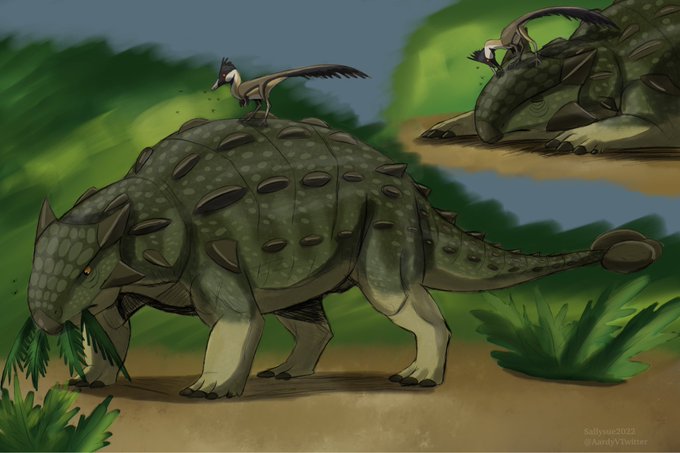 By AardyVarkson-https://x.com/AardyV 'A Trierarchuncus eats the annoying bugs that was bothering the Ankylosaurus.'' 
