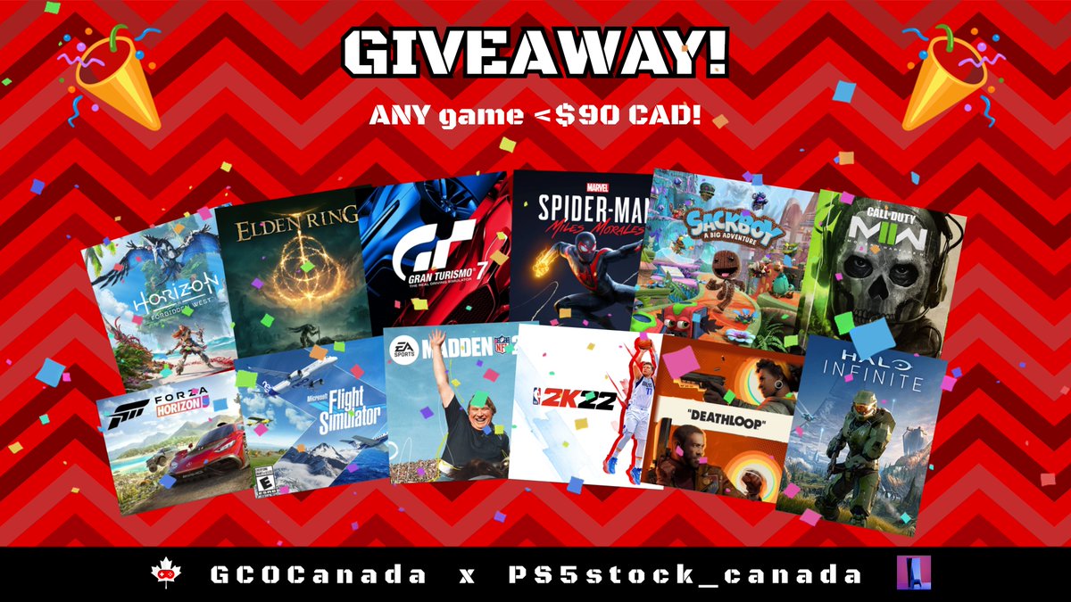 🥳 Giveaway Alert!! 🎉 Yep, another giveaway! I'm teaming up with @Ps5stock_canada again to give away any game of the winner's choice under $90 CAD! To enter, simply... - Follow @GCOCanada & @Ps5stock_canada - Like + RT this tweet - Bonus: tweet out #PS5STOCK_CANADAxGCOC