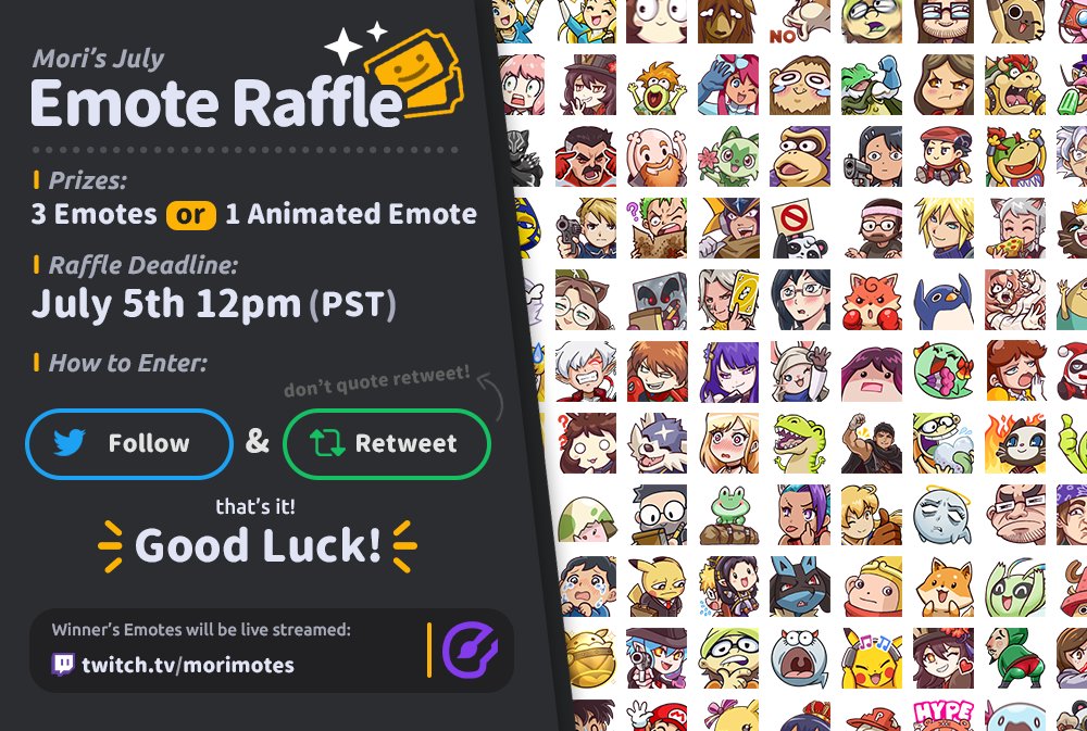 morimotes_'s tweet photo. !! Giveaway Time !! I haven't done a raffle in a bit. I'll be raffling 3 emotes or 1 animated emote to 3 lucky winners~ Just:
💙Follow &amp; 💚Retweet
Ends July 5th~ Best of luck! https://t.co/tF32o6bjtz
