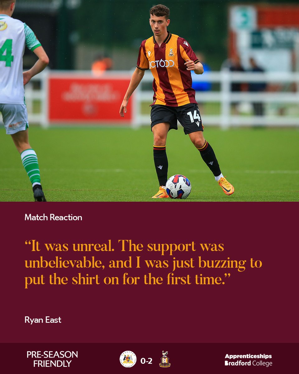 💬 REACTION | <a href="/Ryan_East98/">Ryan East</a> was “buzzing” to have played his first game in a claret and amber shirt, following last night’s 2-0 pre-season victory over neighbours <a href="/BPAFCOfficial/">Bradford (Park Avenue) AFC</a>.

➡️ | Read: bit.ly/3yAWWSr

#BCAFC