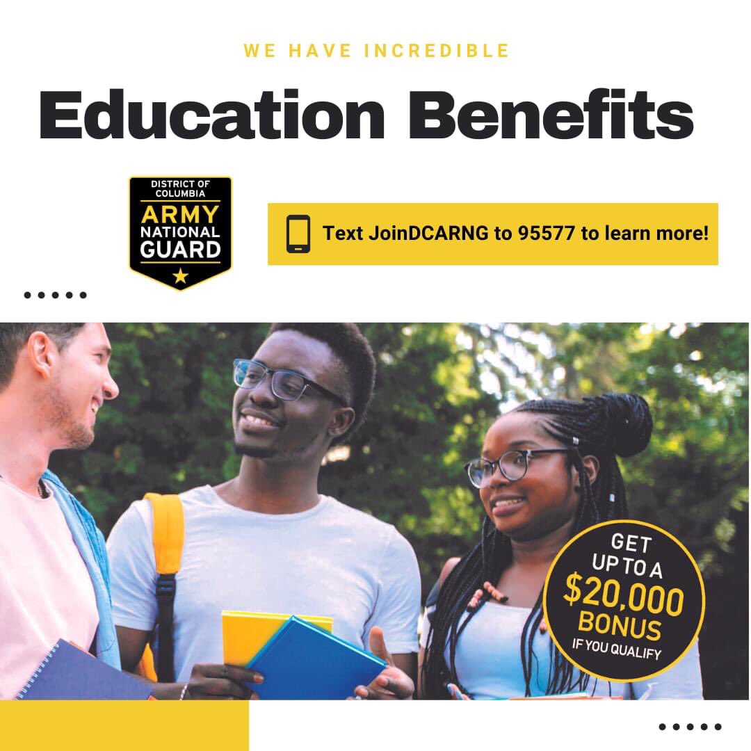 Need Money For School?? We Have Incredible Education Benefits!! 📚

Text JoinDCARNG to 95577 to learn more!

.
.
.
nationalguard.com/DC | 888-719-9151
#EducationIsKey #EducationBenefits #JoinDCARNG #CapitalGuardians #CitizenSoldier #DC #MD #VA #DMV #DCARNG
#DCArmyNationalGuard