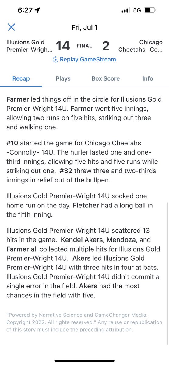 We won our first bracket game 14-2 against the Chicago Cheetahs and I had 1 hit, 1 run, and 2 RBI. Great win for my team!  #teamwork #webeforeme #uncommitted #classof2025 #powerhitter <a href="/SoftballDown/">Down South Softball</a> <a href="/CoastRecruits/">Coast 2 Coast Recruits</a> @PremierCTX14u <a href="/TarletonSB/">Tarleton State Softball</a> <a href="/TexasTechSB/">Texas Tech Softball</a> <a href="/centexfastpitch/">Bruce Middleton</a>