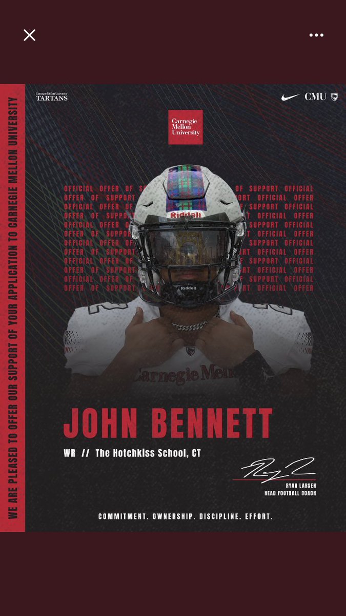 I am excited to announce I have received an offer from Carnegie Mellon University! <a href="/CoachAndyHelms/">Andy Helms</a> <a href="/TartanFB/">Carnegie Mellon Football</a>