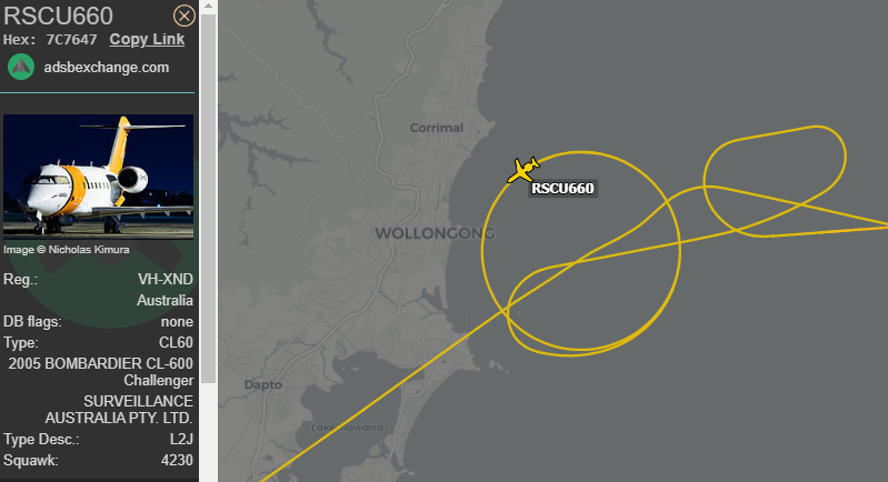 Surveillance Australia Bombardier Challenger 604 VH-XND as #RSCU660 off the coast of #Wollongong assisting with the search and rescue of missing boat with 2 POB. 2 female boaters located by commercial ship Arietta and to be transferred to Royal Australian Navy #HMASBrisbane.