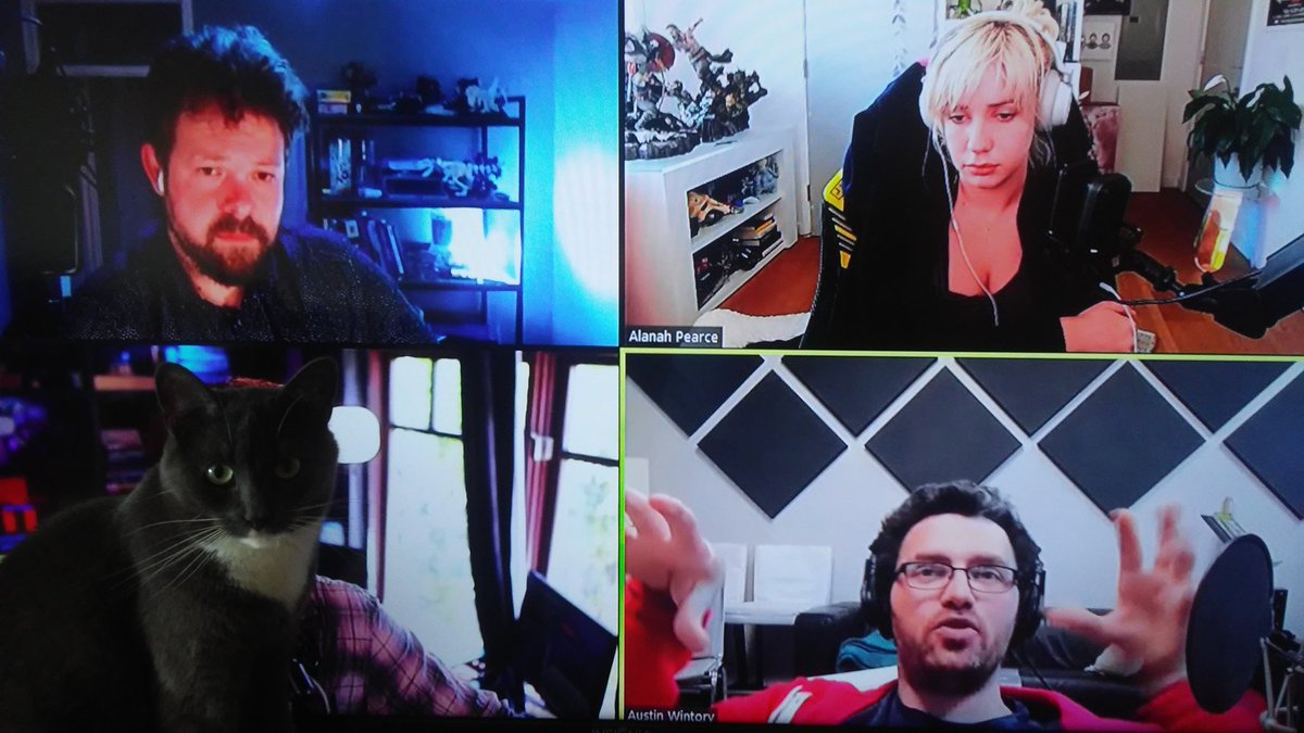 I'm cat sitting and this was how I watched the first 10 minutes of @PWL_Podcast Ep 107.

@awintory, @Charalanahzard and @mikeBithell were their normal selves but @TroyBakerVA was extra photogenic. #AATMM (Austin Alanah Troy Mike Maggie)