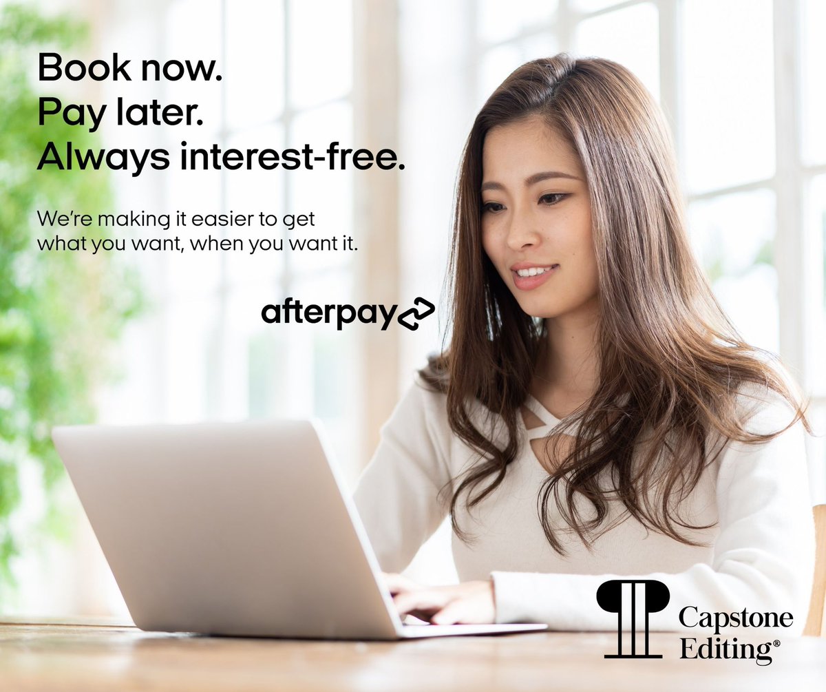 We are proud to announce our new partnership with Afterpay!

Since 2017, Capstone Editing has been the only editing company in Australia and New Zealand to offer after-pay services. We are excited to now be able to offer this payment option through Afterpay.