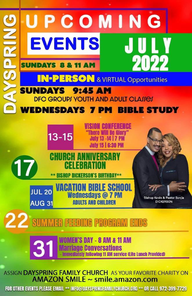 What’s happening at “The Spring” in July? Check out the upcoming events below, save to your photos, and lock-in on your calendar! 

See you soon!👋

#summertimeatDFC #visionconference #familyfirst #dayspringfamilychurch