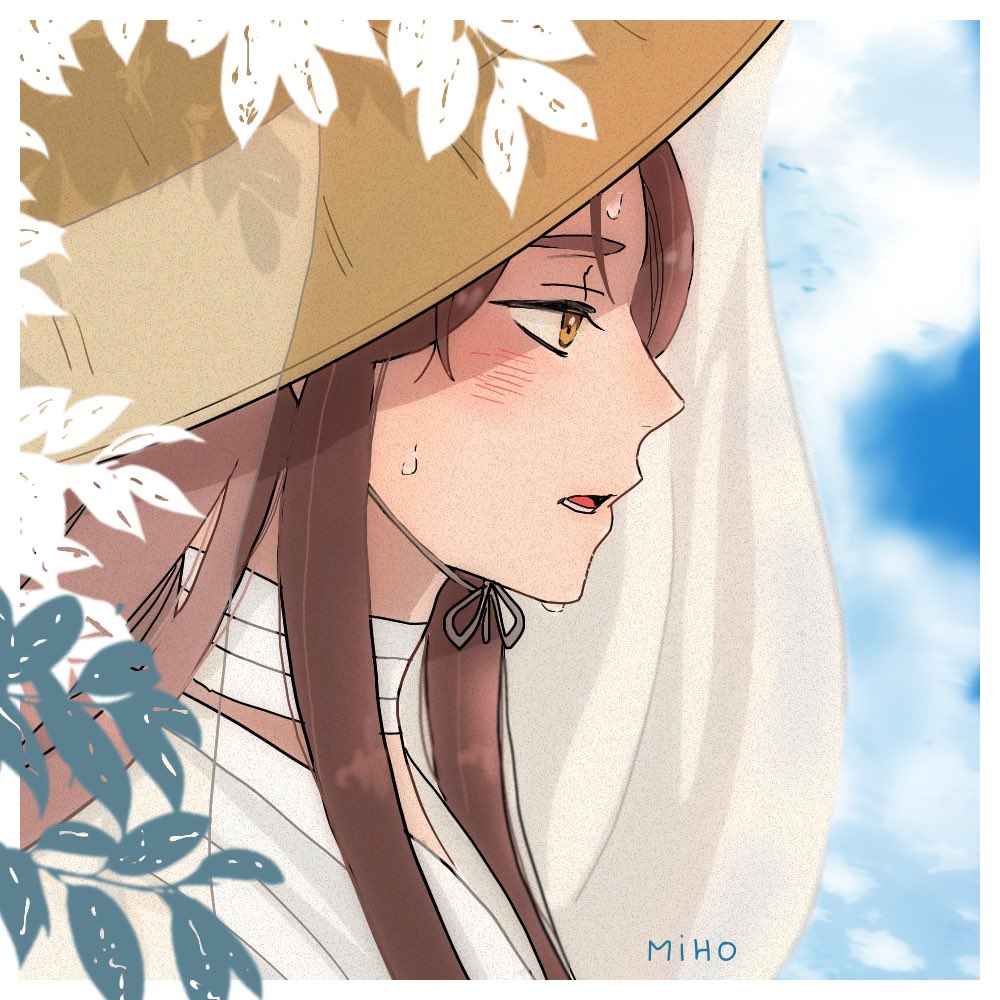 solo brown hair 1girl long hair blush hat veil  illustration images