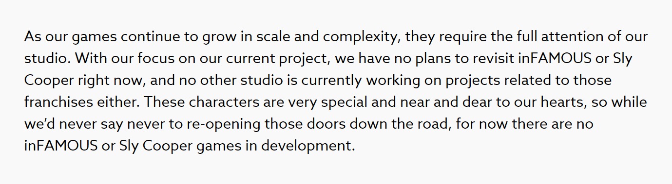 Sucker Punch shuts down rumors about Infamous and Sly Cooper