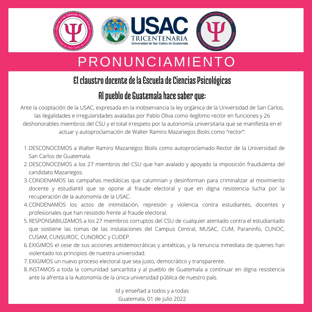 ClaustroPsico's tweet photo. ‼️‼️📣🚨🚨🚨PRONUNCIAMIENTO DEL CLAUSTRO DOCENTE DE LA ESCUELA DE CIENCIAS PSICOLÓGICAS ANTE LA AUTOPROCLAMACIÓN DE WALTER MAZARIEGOS COMO RECTOR DE LA USAC‼️‼️📣🚨🚨🚨 https://t.co/sRPqoD2Cd2
