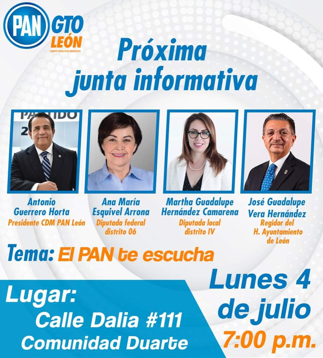 Acompáñame a la proxima junta informativa del PAN, en la comunidad Duarte el día 4 de julio a las 7:pm,  en la que contaremos con la  presencia de nuestro presidente <a href="/TonoGuerreroMx/">Toño Guerrero</a>, la diputada local <a href="/marthahdezgto/">Martha Hernández</a> y el regidor <a href="/lupeverapan1/">Lupe Vera</a>. 🔵

En León #LaAccionEsDeTodos