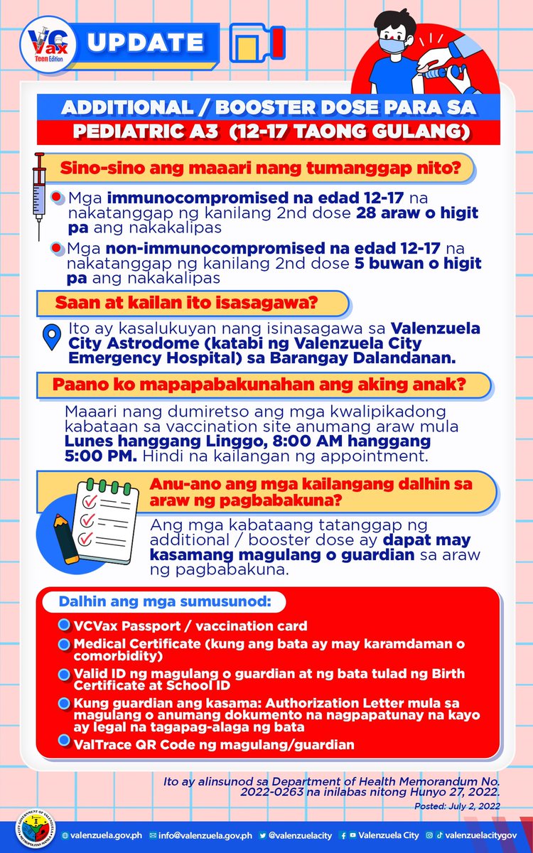 valenzuelacity's tweet photo. #VCVaxTeens UPDATE: Simula ngayong araw, Hulyo 2, 2022, ang mga kabataang edad 12-17 ay maaari nang makakuha ng ADDITIONAL DOSE/BOOSTER DOSE ng COVID-19 vaccine. https://t.co/kcIIBDtGP7