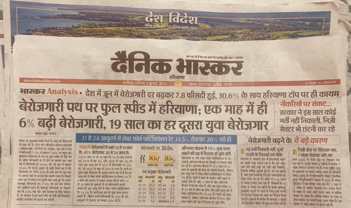 बेरोज़गारी पथ पर फुल स्पीड में हरियाणा, एक माह में ही 6% बढ़ी बेरोज़गारी, 19 साल का हर दूसरा युवा बेरोज़गार।
हरियाणा में युवा किस हालत में जी रहे है। ⁦<a href="/mlkhattar/">Manohar Lal</a>⁩ जी बताए आख़िर युवा कहाँ जाए? अगर हरियाणा सरकार इसमें कुछ नहीं कर सकती तो उनको इस्तीफ़ा दे देना चाहिए।